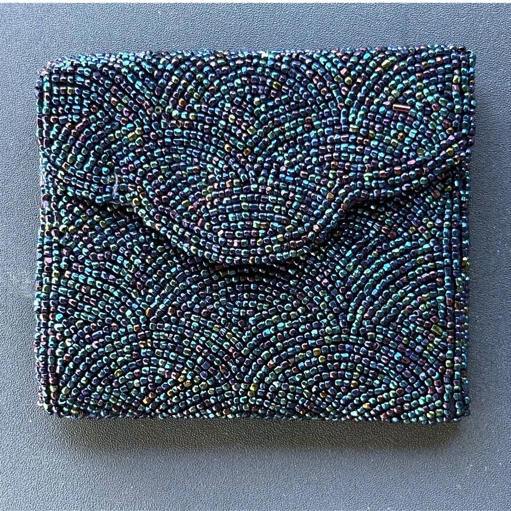 Walborg Vintage Hand Beaded Coin Purse Iridescent Blue Green Made in Belgium MCM